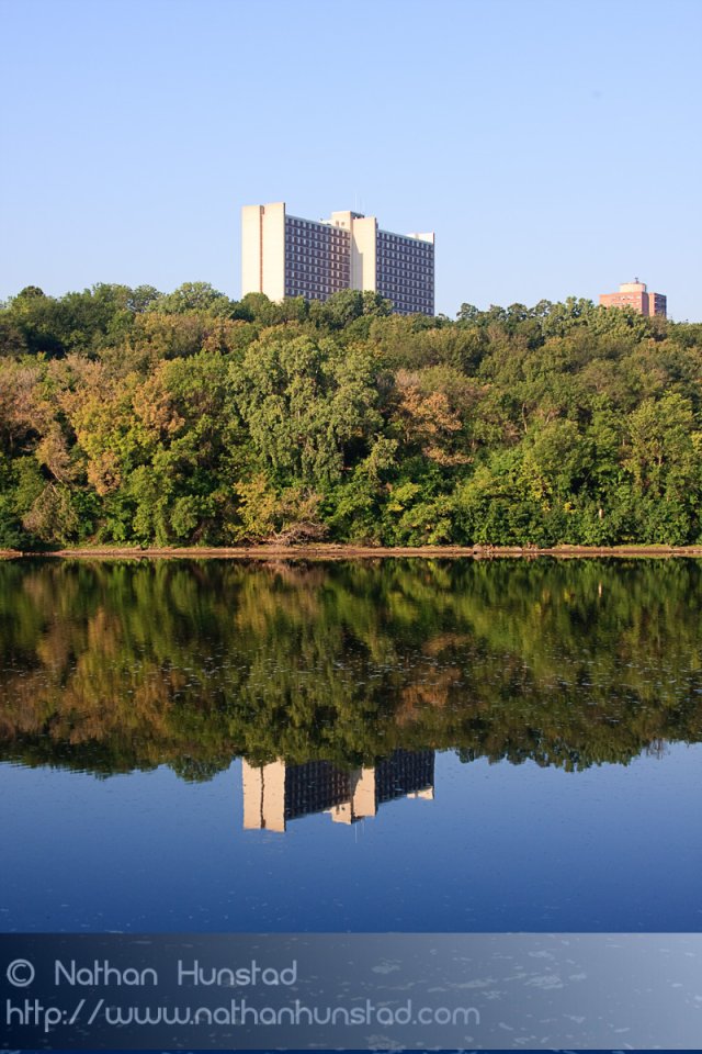 Two buildings across the Mississippi River.